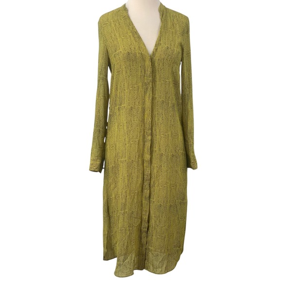 H&M Women's Long Tabbed Sleeve Button Down Tunic/Dress Green/Black Spot Size 4‎ - Picture 1 of 10